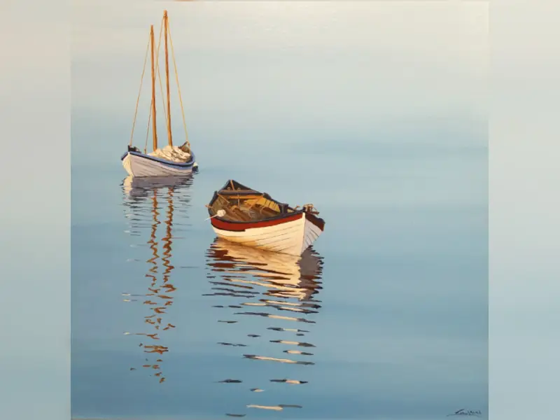 Two boats sitting in the still ocean water (Jeffrey Sabol-artist)